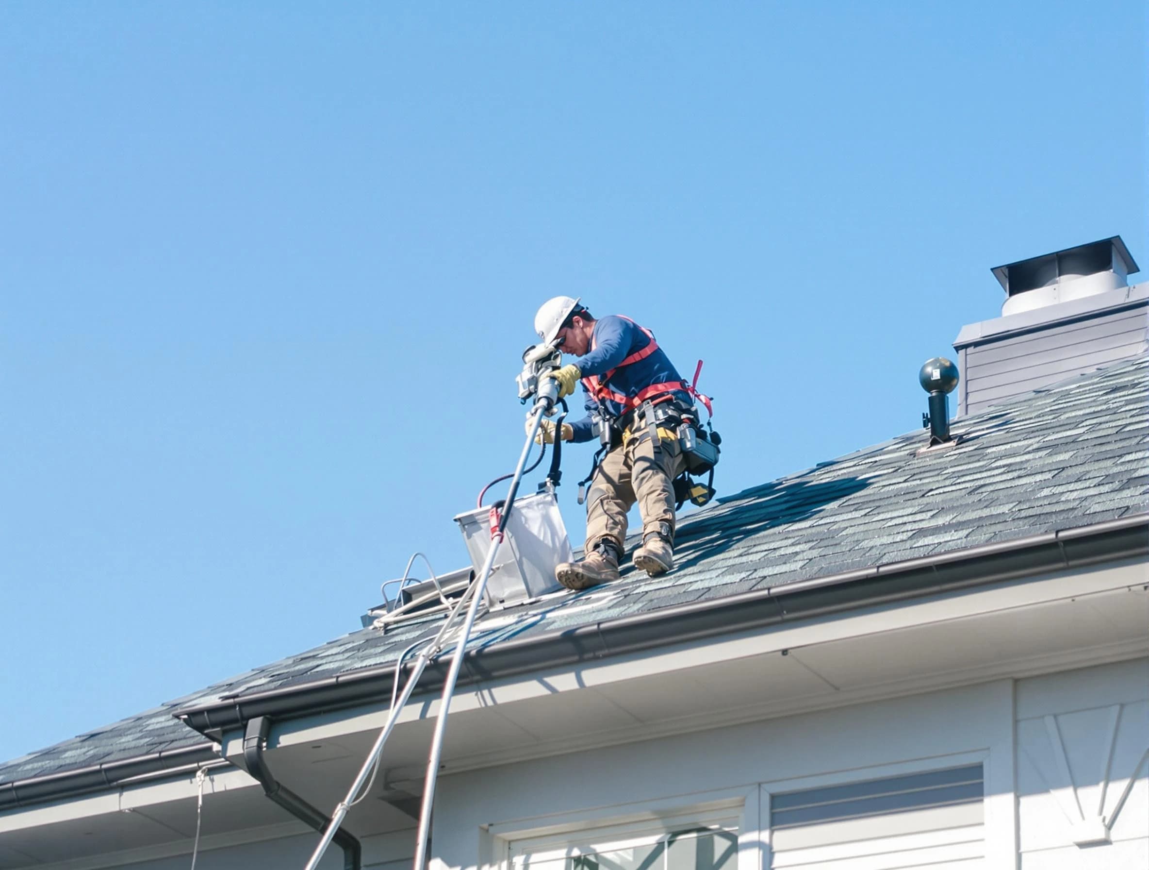 Mableton Dryer Vent Cleaning certified technician cleaning a roof-mounted dryer vent system in Mableton