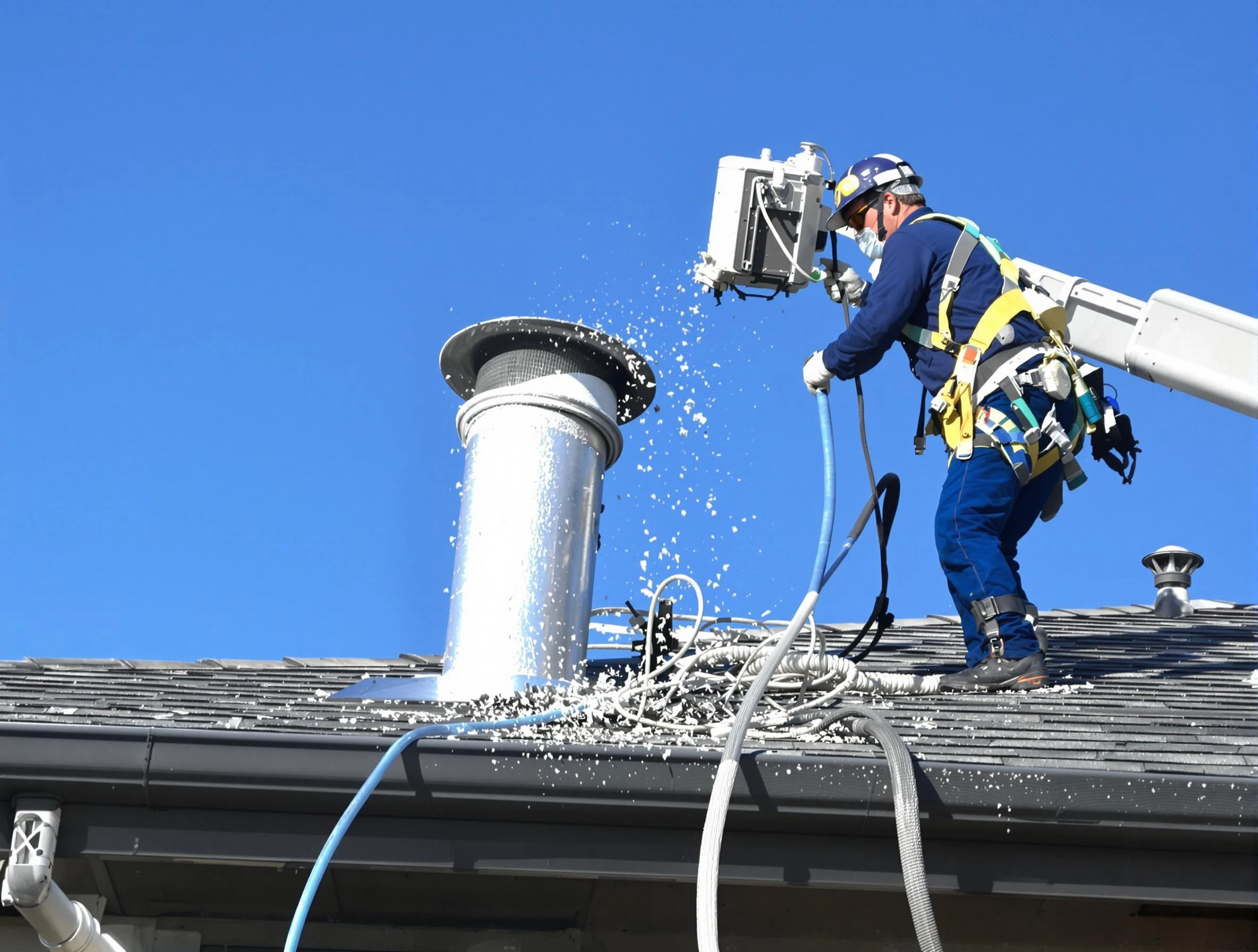 Mableton Dryer Vent Cleaning certified technician safely cleaning a roof-mounted dryer vent in Mableton
