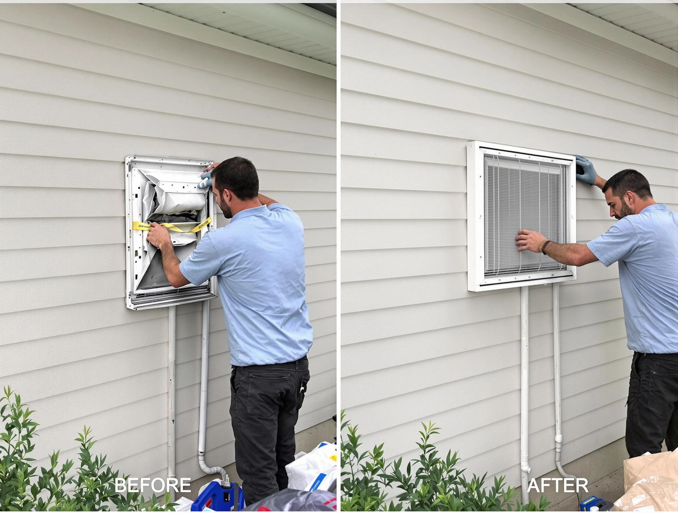 Mableton Dryer Vent Cleaning technician installing high-quality dryer vent cover at a residential property in Mableton